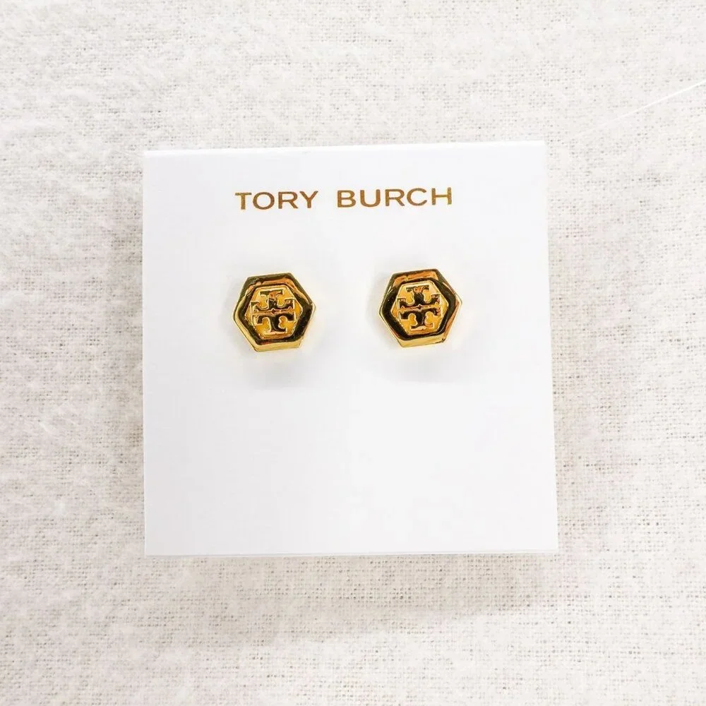 Tory Burch Hex-Logo Stud Earrings Gold OS